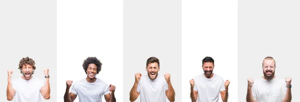 年轻的白种人拼贴 西班牙裔 非洲男人穿着白色 T恤在白色孤立的背景兴奋的成功与手臂举起庆祝胜利微笑 优胜者概念 — 图库照片