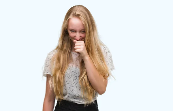 Blonde Teenager Woman Wearing Moles Shirt Feeling Unwell Coughing Symptom — Stock Photo, Image