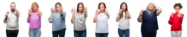 Collage Grupo Personas Comiendo Donut Sobre Fondo Aislado Con Mano — Foto de Stock