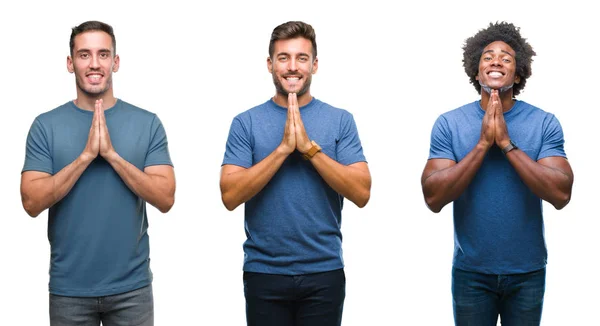 Latin Afro Amerikan Erkekler Birlikte Emin Gülümseyen Bağışlanmak Ellerle Dua — Stok fotoğraf