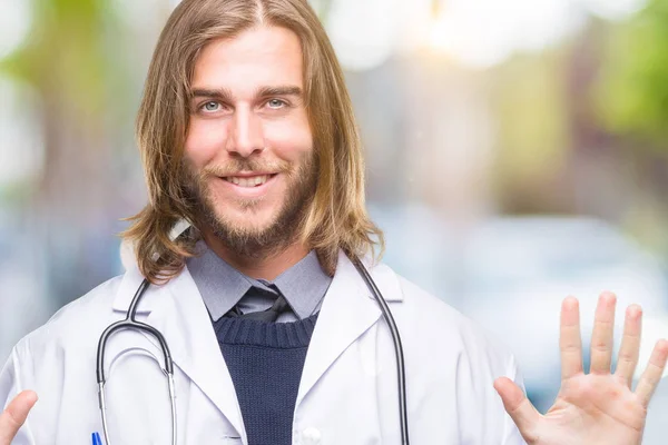 Young Handsome Doctor Man Long Hair Isolated Background Showing Pointing — Stock Photo, Image