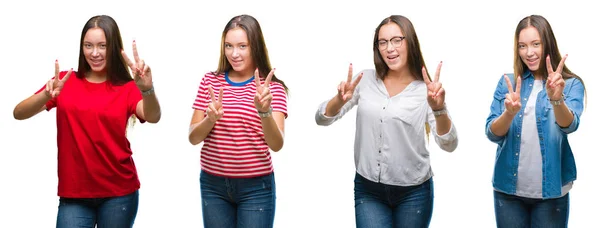 Collage Van Jong Mooi Meisje Witte Geïsoleerde Achtergrond Glimlachend Zoek — Stockfoto