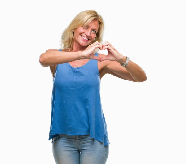 Donna Bionda Mezza Età Sfondo Isolato Sorridente Amore Che Mostra — Foto Stock