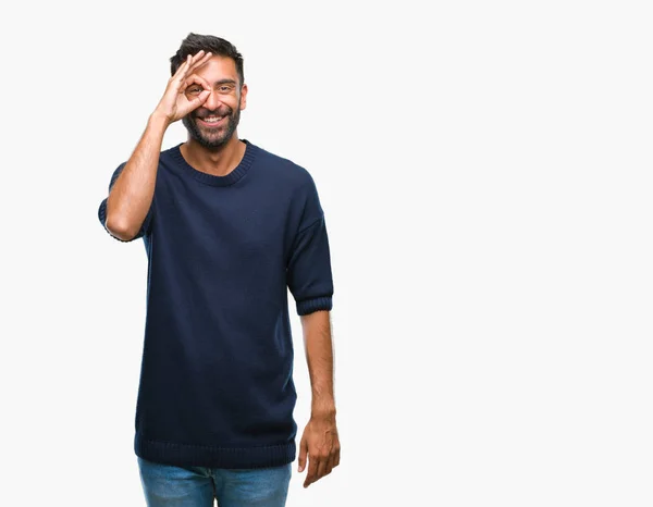 Adult Hispanic Man Isolated Background Doing Gesture Hand Smiling Eye — Stock Photo, Image