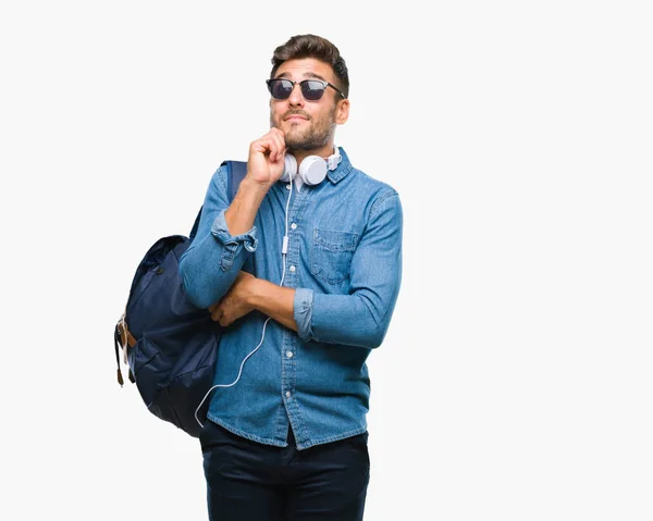 Young Handsome Tourist Man Wearing Headphones Backpack Isolated Background Hand — Stock Photo, Image