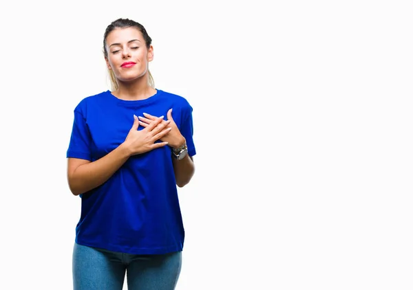 Joven Hermosa Mujer Con Camiseta Azul Casual Sobre Fondo Aislado — Foto de Stock