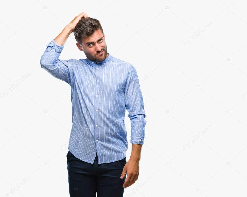 Young handsome man over isolated background confuse and wonder about question. Uncertain with doubt, thinking with hand on head. Pensive concept.