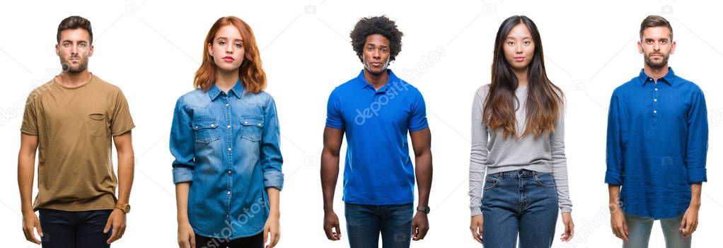 Composition of african american, hispanic and chinese group of people over isolated white background with serious expression on face. Simple and natural looking at the camera.