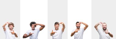 Kolaj erkeklerin elleri ile yapım çerçeve ve parmakları ile mutlu yüz gülümseyen beyaz izole arka plan üzerinde beyaz t-shirt giyen genç beyaz, İspanyol, afro. Yaratıcılık ve Fotoğrafçılık kavramı.