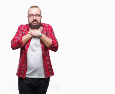 Gözlük üzerinde arka plan bağırarak izole ve çünkü boğmak Genç beyaz hipster adam acı kendi ellerimle öldürürüm. Sağlık sorunu. Yaralarından ve intihar kavramı.