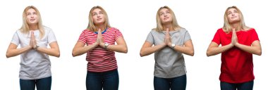 Kolaj yalvarıyor ve umut ifade yüzünde çok duygusal ve endişe ile birlikte elleriyle dua beyaz izole kağıt üzerinde bir t-shirt giyen genç güzel sarışın kadın. Bağışlanmak. Din kavramı.