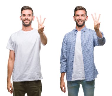 Kolaj üzerinde gösterilen ve parmakları ile işaret beyaz izole backgroud casual göz giyen genç adam bir üçüncü ise kendinden emin ve mutlu gülümseyerek.