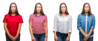 Genç güzel kız beyaz izole arka plan yapma balık yüzüne dudaklı, çılgın ve komik bir jest kolaj. Komik ifade.