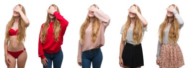 Genç sarışın kız gülümsüyor ve gözleri için sürpriz kapsayan yüz el ile gülüyor beyaz izole arka plan üzerinde kolaj. Kör kavramı.