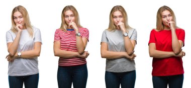 Kolaj emin çapraz kollar ve çeneme kaldırdı el ile gülümseme ile kameraya bakarak beyaz izole kağıt üzerinde bir t-shirt giyen genç güzel sarışın kadın. Pozitif düşünce.