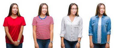 Genç güzel kız beyaz izole arka plan görünümlü yan ve dik dik bakma uzağa düşünce gülümseyen yüzünden kolaj.