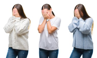 Kolaj genç güzel kızın yüzünü elleri ile ağlayarak süre kapsayan üzgün ifade ile beyaz izole arka plan üzerinde kış kazak giyiyor. Depresyon kavramı.