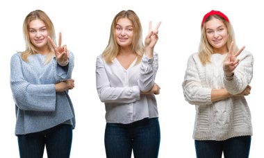 Beyaz izole backgroud mutlu yüz zafer işareti yaparken kameraya göz kırpıyor ile gülümseyen genç güzel sarışın kadın kolaj. İki numaralı.