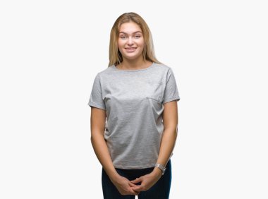 Yüzünde mutlu ve güzel bir gülümseme ile izole arka plan üzerinde beyaz kadın. Şanslı kişi.