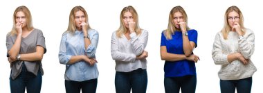 Genç güzel kadın yüzünden stresli ve gergin ile beyaz izole backgroud kolaj tırnak ısırma dudaklarından eller. Anksiyete sorunu.