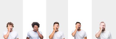 El yüz ve sürpriz duygu kendinden emin gülümseme ile tek gözüyle kapsayan beyaz izole arka plan üzerinde beyaz t-shirt giyen genç beyaz, İspanyol, afro adam kolaj.