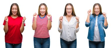 Kolaj genç güzel kız beyaz izole silah ile başarı için heyecan arka plan üzerinde bir zafer kutluyor gülümseyen kaldırdı. Kazanan kavramı.