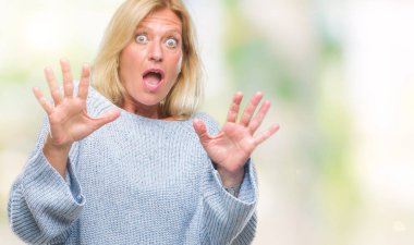 Üzerinde kış kazak giyen orta yaş sarışın kadın arka plan korkuyor ve korku ifade dur hareketi el ile ile dehşete şokta bağırarak izole. Panik kavramı.