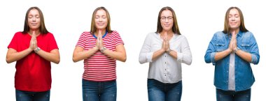 Genç güzel kız beyaz izole arka plan birlikte emin gülümseyen bağışlanmak ellerle dua üzerine kolaj.