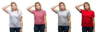 Kolaj genç güzel sarışın kadının beyaz izole kağıt üzerinde bir t-shirt giyen yanıltır ve soru hakkında merak ediyorum. Şüphe, kafasına el ile düşünme ile belirsiz. Dalgın kavramı.