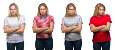 Kolaj genç güzel sarışın kadının yere beyaz izole backgroud şüpheci ve sinir, onaylamayan ifade yüz çapraz kolları üzerinde bir t-shirt giyiyor. Negatif kişi.