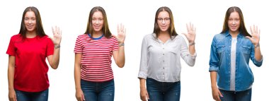 Kolaj gösterilen ve parmakları ile işaret beyaz izole arka plan üzerinde genç güzel kızın kendinden emin ve mutlu gülümseyerek süre beş numara.