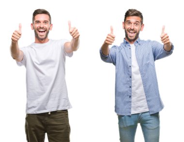 Rahat bakmak beyaz izole backgroud onaylama üzerinde giyen genç adam kolaj el ile pozitif jest yapıyor gülümseyen ve başarı için mutlu yaşasın. Kamera, kazanan jest arıyorsunuz.