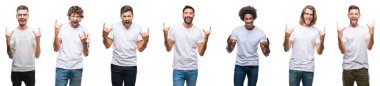 Kolaj deli ifade rock simge elle yapıyor ile bağırarak beyaz izole arka plan üzerinde beyaz t-shirt giyen genç beyaz, İspanyol, afro adam. Müzik yıldızı. Ağır kavramı.