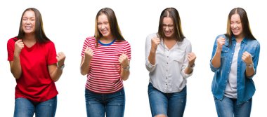 Genç güzel kız beyaz izole arka plan çok mutlu ve heyecanlı kaldırdı, gülümseyen ve başarı için çığlık silah ile kazanan jest yapıyor yüzünden kolaj. Kutlama kavramı.