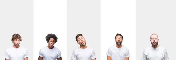 Collage Jóvenes Caucásicos Hispanos Afro Hombres Con Camiseta Blanca Sobre —  Fotos de Stock