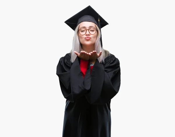 Mladá Blond Žena Nosí Postgraduální Uniforma Izolované Pozadí Při Pohledu — Stock fotografie