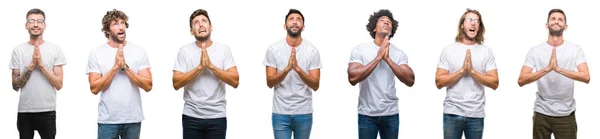 年轻的白种人拼贴 西班牙裔 非洲男人穿着白色 T恤在白色孤立的背景乞讨和祈祷与希望的表达在脸上非常情绪和担心 请求宽恕 宗教概念 — 图库照片