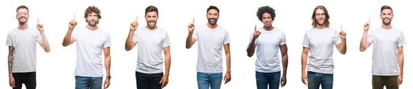 白い分離背景表示と指番号のいずれかニコニコしながら自信を持って 幸せを上向きに白い シャツを着ている若い白人 ヒスパニック 黒人男性のコラージュ — ストック写真