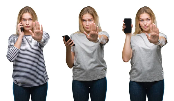 Colagem Jovem Bela Mulher Negócios Loira Usando Smartphone Sobre Backgroud — Fotografia de Stock