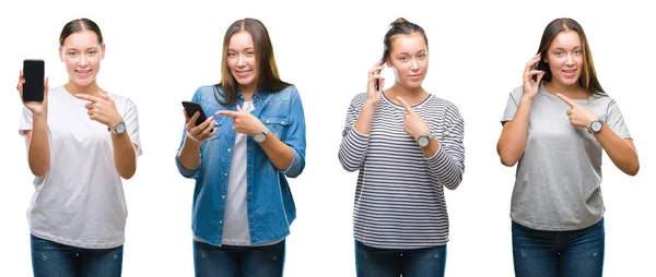 Collage Ung Flicka Med Smartphone Isolerade Vitbakgrund Mycket Glad Pekar — Stockfoto