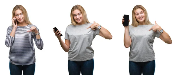 年轻美丽的金发女商人拼贴使用智能手机在白色孤立的背景与惊喜的脸指向自己 — 图库照片