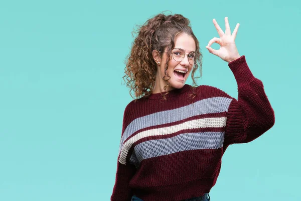 Schöne Brünette Lockige Haare Junges Mädchen Mit Brille Über Isoliertem — Stockfoto