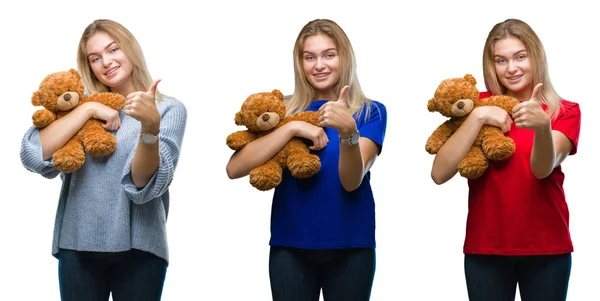 Collage Young Beautiful Blonde Woman Holding Teddy Bear White Isolated — Stock Photo, Image