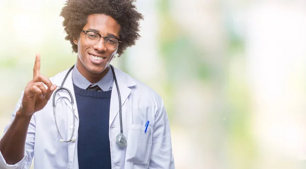 Afro American Doctor Man Isolated Background Showing Pointing Finger Number — Stock Photo, Image