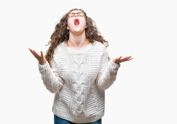 Schöne Brünette Lockige Haare Junges Mädchen Trägt Winterpullover Über Isoliertem — Stockfoto