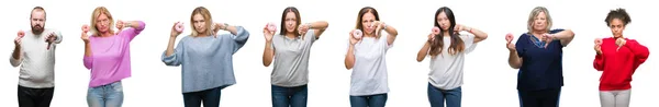 Collage Van Groep Mensen Donut Eten Geïsoleerde Achtergrond Met Een — Stockfoto