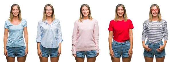 Collage Van Blonde Mooie Vrouw Dragen Casual Look Witte Geïsoleerde — Stockfoto