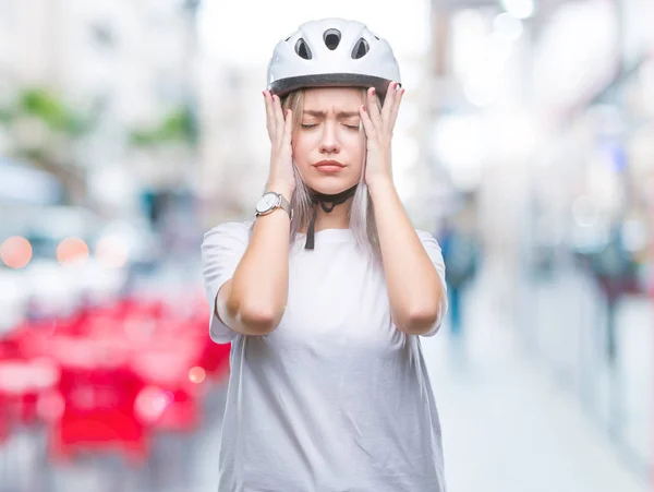 Young Blonde Woman Wearing Cyclist Security Helmet Isolated Background Suffering — Stock Photo, Image