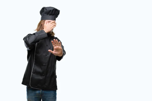 Young Handsome Cook Man Long Hair Isolated Background Covering Eyes — Stock Photo, Image