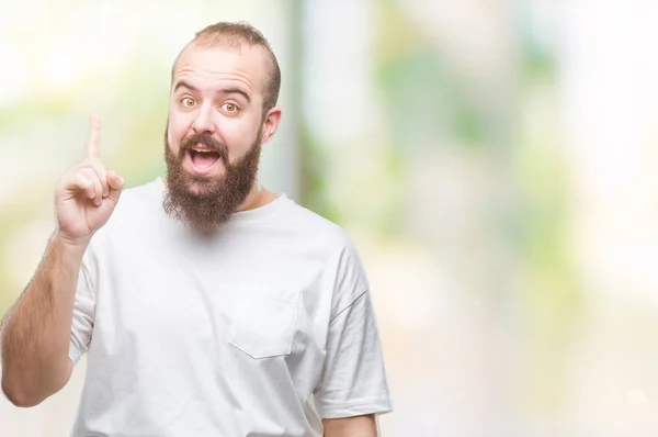 Jonge Kaukasische Hipster Man Dragen Casual Shirt Geïsoleerde Achtergrond Wijzende — Stockfoto